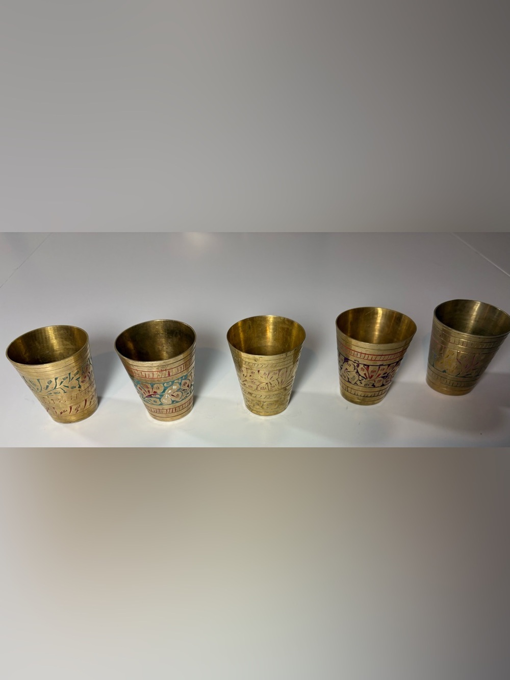 5 Vintage Etched Brass  Tumblers - Decorative Floral Motif - Picture 5 of 6